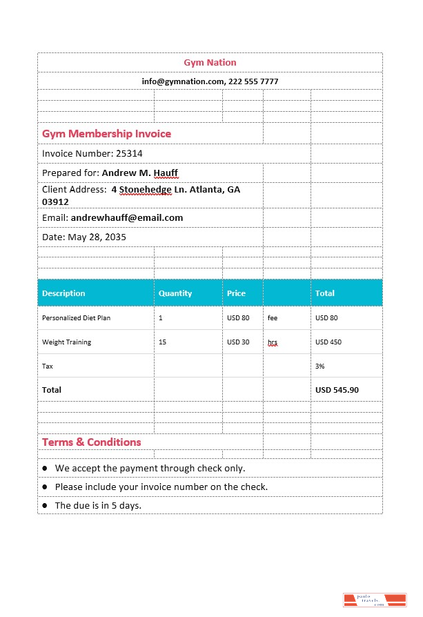 Gym Membership Invoice Template PSD template